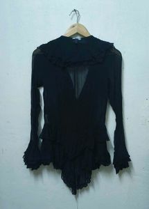 Trendy New Ruffled Black Sheer Blouse