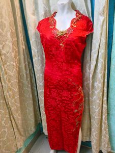Elegant Red Embroidered Cheongsam Dress