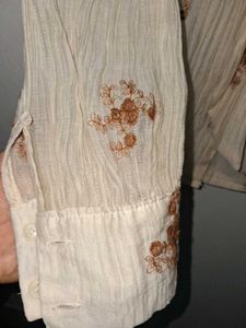 Tan Minimal Tie Up Shirt With Flower Embroidery