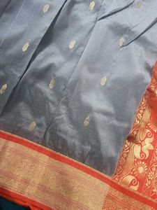 Grey Saree With Orange Blouse