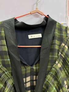Green Checked Flared Sleeve Top