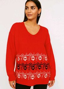 Red Patterned V-Neck Sweater