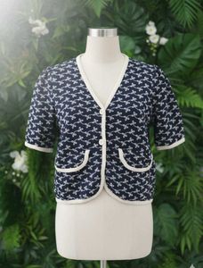 Navy Patterned Cropped Cardigan