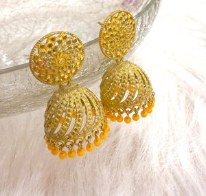 Golden &amp; Yellow Beaded Jhumka Pair