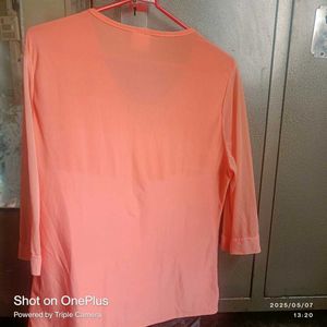 Peach Button-Down Blouse with Lace