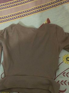 Brown Ribbed Cutout Top