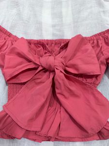 Coral Crop Top with Puff Sleeves