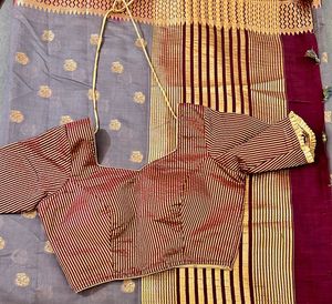 Striped Blouse with Grey Saree