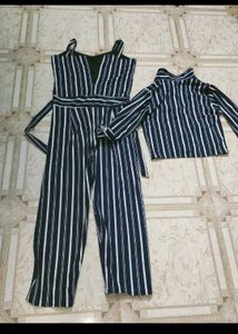 Nagotiable. Navy Blue And White Striped Jumpsuit With Jacket