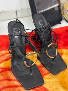 Black Heeled Sandals with Gold Detail