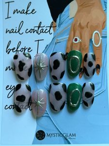 Glam Cow Print &amp; Emerald Star Press-On Nails