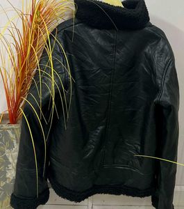 Black Faux Leather &amp; Shearling Aviator Jacket