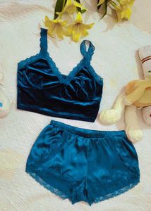 Lace Trim Velvet Cami Top With Shorts
