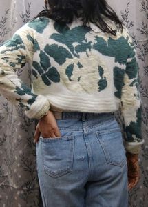 Off White Sweater With Green Leafy Prints