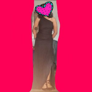One Shoulder Black Maxi Dress/Gown With Slit/chain