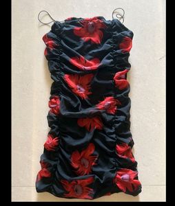 Floral Print Black Red Mini Dress