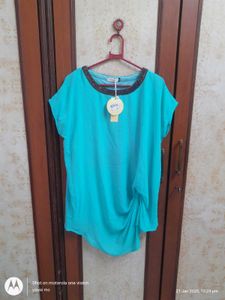 Teal Blouse with Embellished Neckline