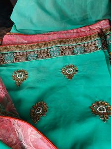 Teal &green Embroidered Saree