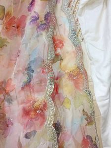 Glace Cotton, Sikvens Work, Round Neck, Pent Length 35,A Beautiful Organza Dupata