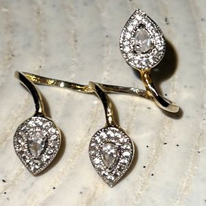 2 Finger Golden Leaf Ring With Stones