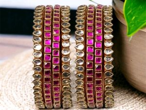 Pink Golden Kundan Bangles