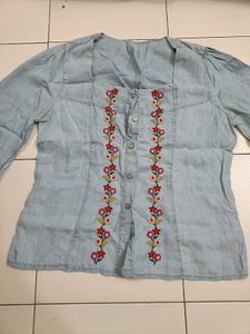 Floral Embroidered Denim Blouse