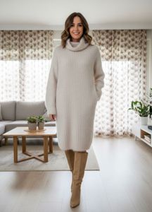 Women High Neck Dress + Woolen Cap