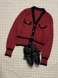 Red Knit Cardigan with Black Trim