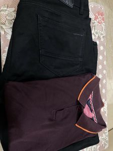 Jack &amp; Jones Polo T Shirt- Black Denim Jeans Combo