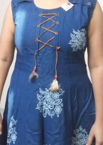 Denim Blue A Line Printed Dress