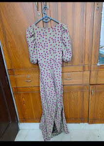 Beige Jumpsuit With Pink Polka Dots