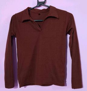 Brown Long Sleeve Polo Top