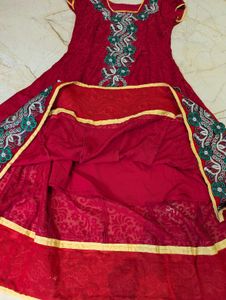Ethnic Red Kurta Suit Set with Aplic Work.