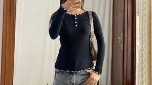 Black Ruffle Trim Long Sleeve Top