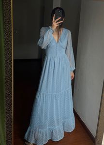 V-neck Powder Blue Maxi with Smocked detailing