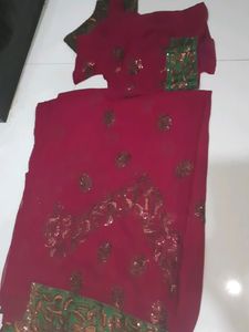 Embroidered Pink and Green Saree Fabric