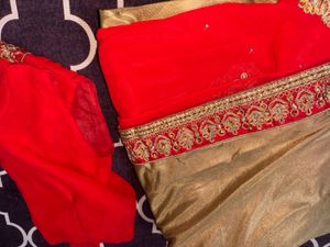 Elegant Red &amp; Gold Saree with stitched blouse