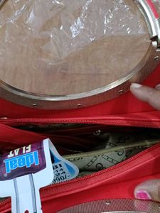 Red Handbag with Metal Handles