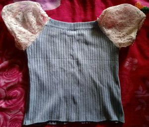 Blue Ribbed with Lace Sleeves