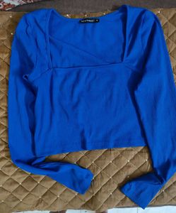 Blue Crop Top &amp; Beige Pants Set