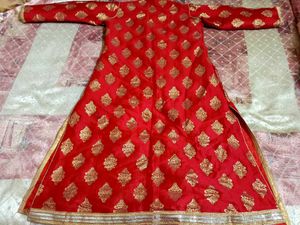 Elegant Red Banarasi Anarkali Set with Golden Moti