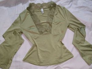 Olive Lace Detailed Plunging Neck Top