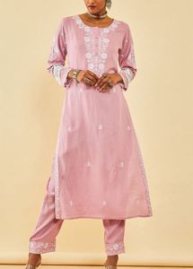 Pink &amp; White Floral Embroidered Kurta Trousers