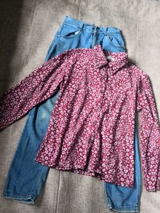 purple printed shirt and denim jean combo