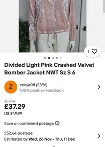 H&amp;M  Light Pink Crashed Velvet Bomber Jacket