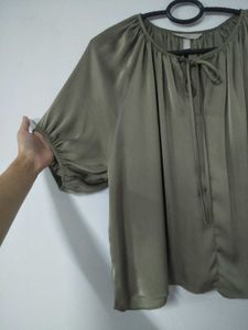 H&amp;M Khaki Green Tie-Neck Top