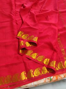 Red Pure Crepe Saree with Gold Border