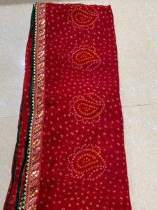 Red Bandhani Saree with Embellished Border