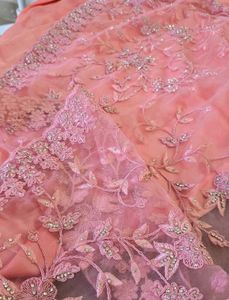 Stone Studded Pink Floral Embroidered Saree