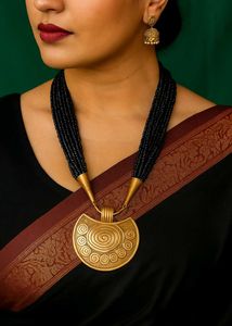Black Beaded And Gold Brass Necklace.